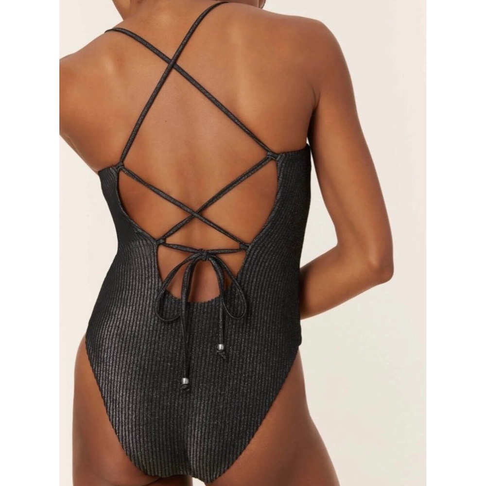Andie Swim Metallic Ribbed One Piece Swimsuit Black Silver Open Back Size LT